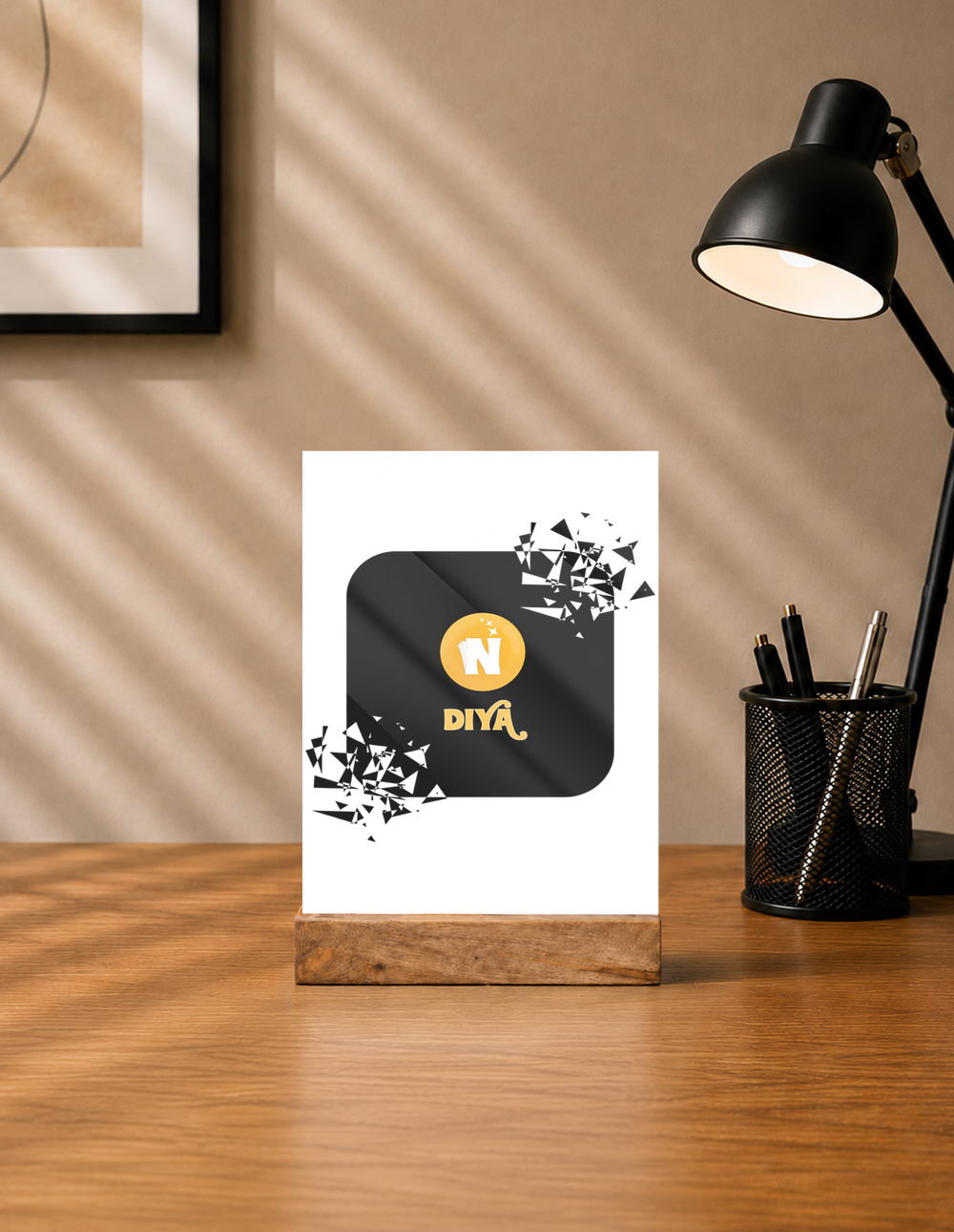 Acrylic Photo Frame with Stand | 5x7 Inch | Acrylic & Wood | UV Printed Tabletop Display | Universal | Personalized | Bold Graphic | Abstract Design | Everyday | Expressive | The Golden N - front - mockup 1