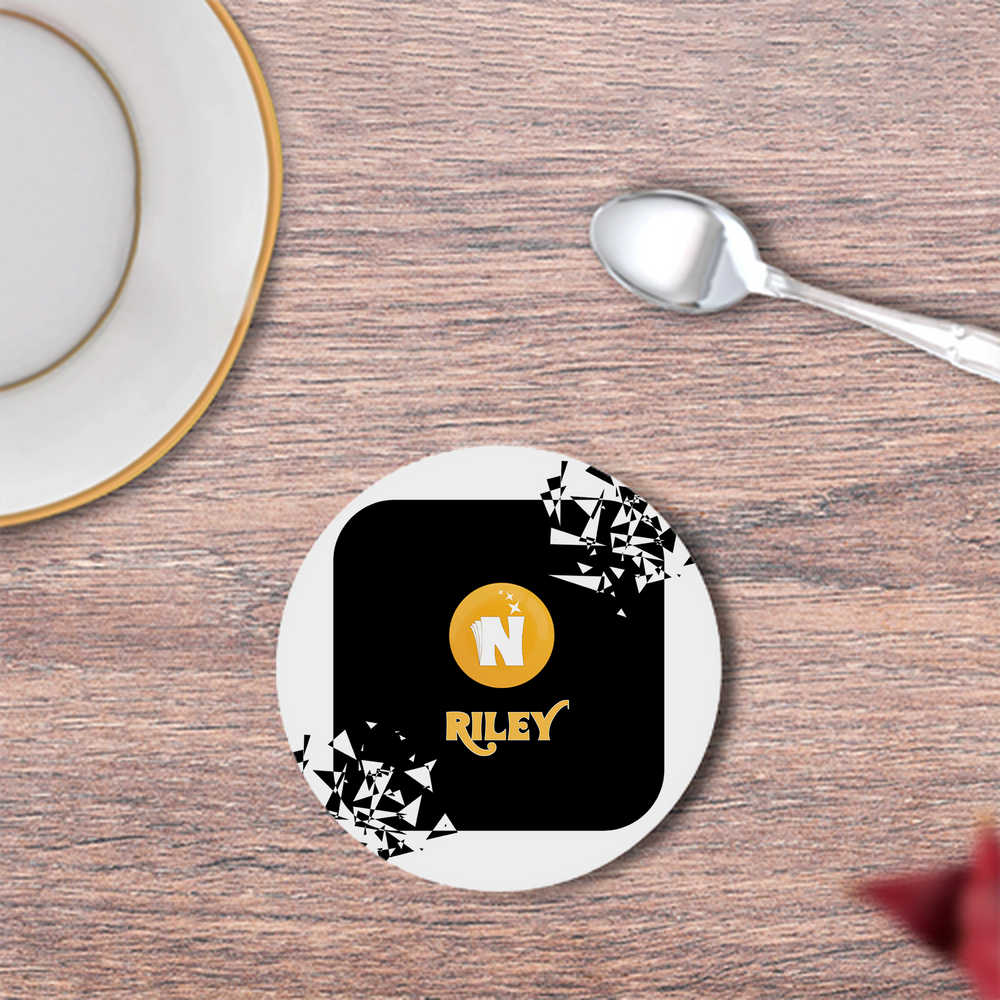 Coasters | 3mm MDF Board | Super Glossy Finish, Durable | Unisex | Personalized | Bold Graphic | Abstract Design | Everyday | Expressive | The Golden N - front - White - mockup 1