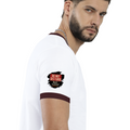 Ringer T-Shirt | Unisex Fit | 100% Cotton | Bio-Washed, Pre-Shrunk, Rib Neck | Adults | Personalized | Typography | Humor | Everyday | Humorous | Married Life, No Peace - right sleeve - Maroon off white - mockup 6