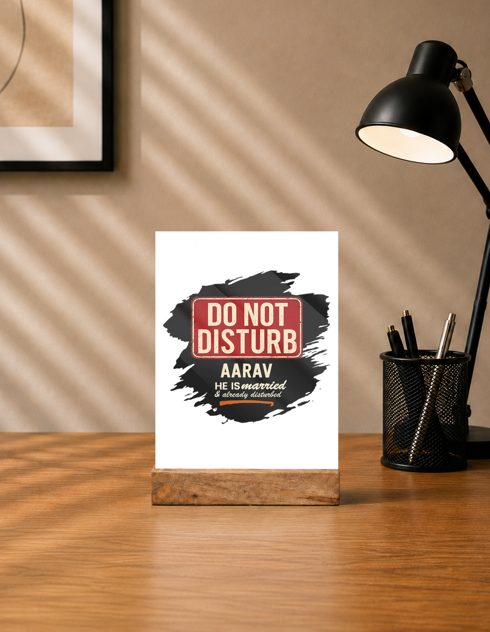 Acrylic Photo Frame with Stand | 5x7 Inch | Acrylic & Wood | UV Printed Tabletop Display | Universal | Personalized | Typography | Humor | Everyday | Humorous | Married Life, No Peace - front - mockup 1
