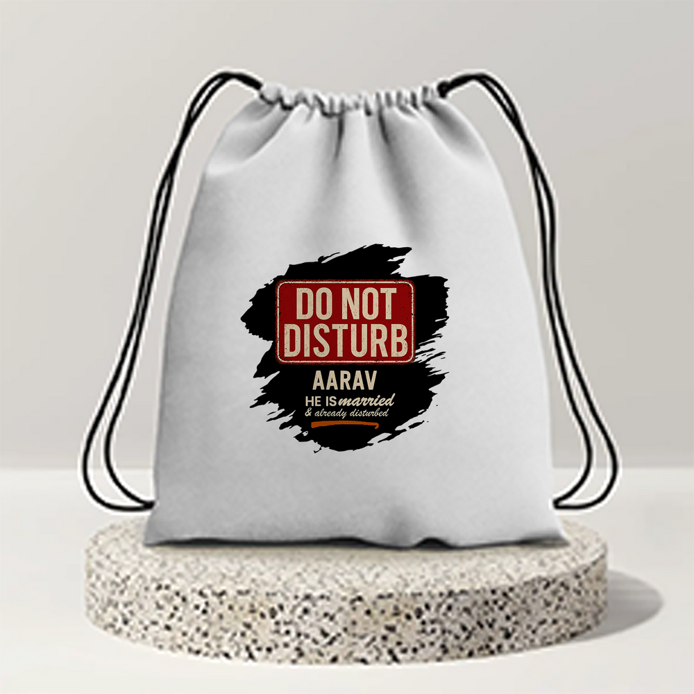 Drawstring Bag | 280 GSM | Durable Cotton | Secure Closure | Unisex | Personalized | Typography | Humor | Everyday | Humorous | Married Life, No Peace - front - mockup 1