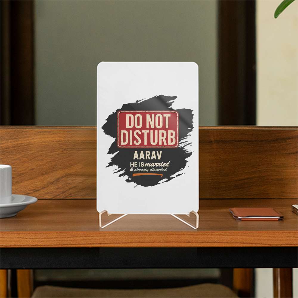 Acrylic Display Stand | 4x6 Inch | Clear Acrylic | Tabletop Display | Unisex | Personalized | Typography | Humor | Everyday | Humorous | Married Life, No Peace - front - White - mockup 1
