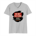 Men's V-Neck T-Shirt | Regular Fit | 180 GSM Bio-Washed Cotton | Durable Double-Stitched Seams | Everyday Wear | Personalized | Typography | Humor | Everyday | Humorous | Married Life, No Peace - front - Grey Melange - mockup 1