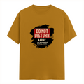 Male Classic Crew T-Shirt | Men's Regular Fit | 180 GSM Bio-Washed Cotton | Pre-Shrunk, Double-Stitched | Personalized | Typography | Humor | Everyday | Humorous | Married Life, No Peace - front - Mustard Yellow - mockup 1