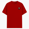 Basic T-Shirt | Unisex Fit XS-2XL | 180 GSM Poly-Cotton Blend | Soft Finish, Durable | Adults | Personalized | Typography | Humor | Everyday | Humorous | Married Life, No Peace - left pocket - Red - mockup 3