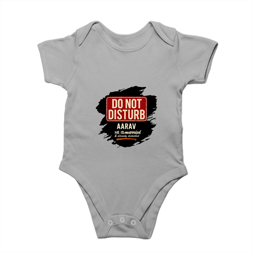 Baby Romper | 0-12 Months | 180 GSM Bio-Washed Cotton | Double-Stitched, Pre-Shrunk | Unisex | Personalized | Typography | Humor | Everyday | Humorous | Married Life, No Peace - front - Grey Melange - mockup 1
