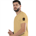 Male Classic Crew T-Shirt | Men's Regular Fit | 180 GSM Bio-Washed Cotton | Pre-Shrunk, Double-Stitched | Personalized | Typography | Humor | Friendship | Everyday | Humorous - left sleeve - Beige - mockup 5