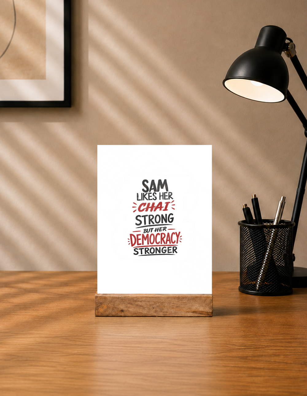 Acrylic Photo Frame with Stand | 5x7 Inch | Acrylic & Wood | UV Printed Tabletop Display | Universal | Personalized | Typography | Democracy | Strength | Self-purchase | Assertive - front - mockup 1