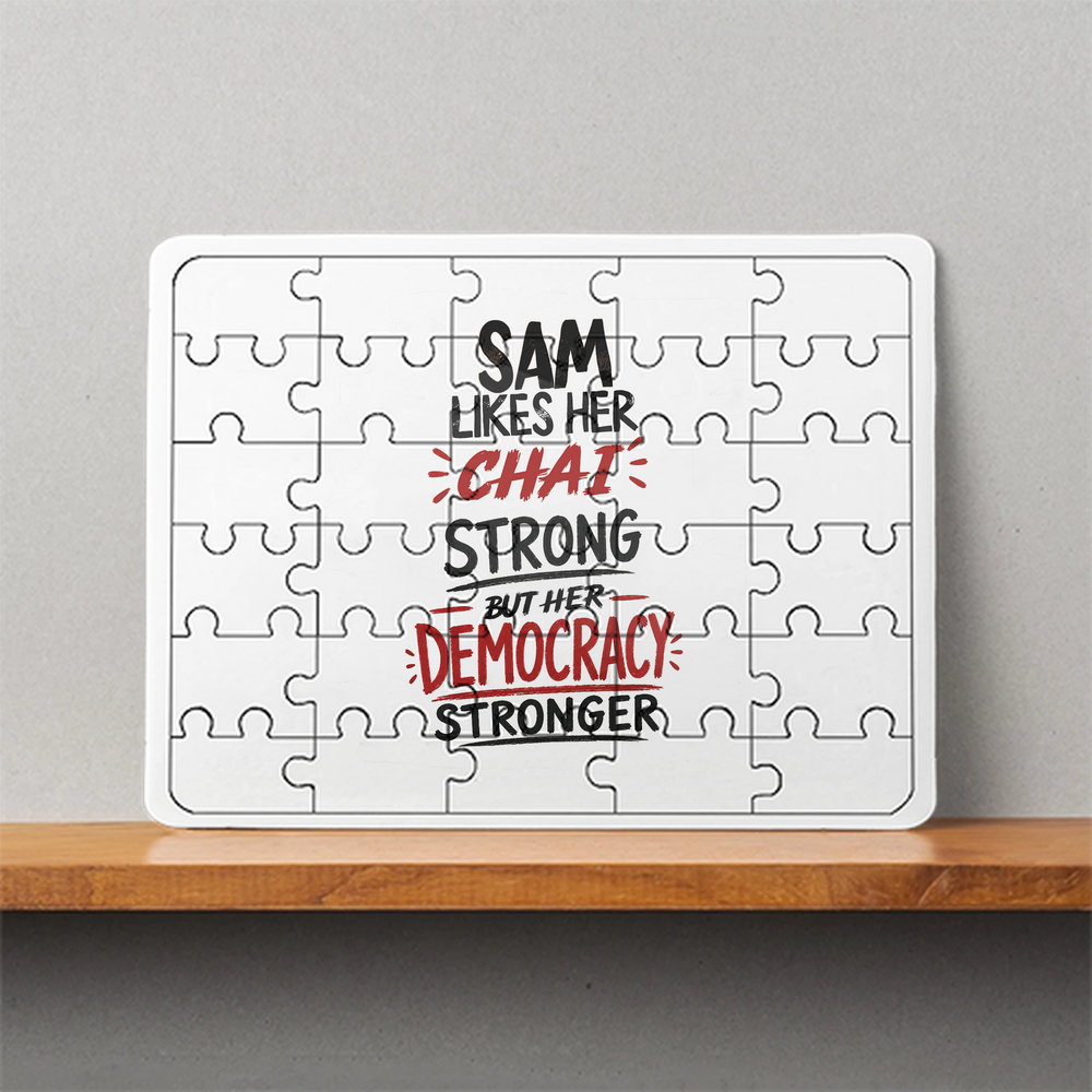 MDF Wooden Puzzle | 6x8 Inch 30 Pieces | Glossy Finish | Durable, Waterproof | Kids & Adults | Personalized | Typography | Democracy | Strength | Self-purchase | Assertive - front - White - mockup 1