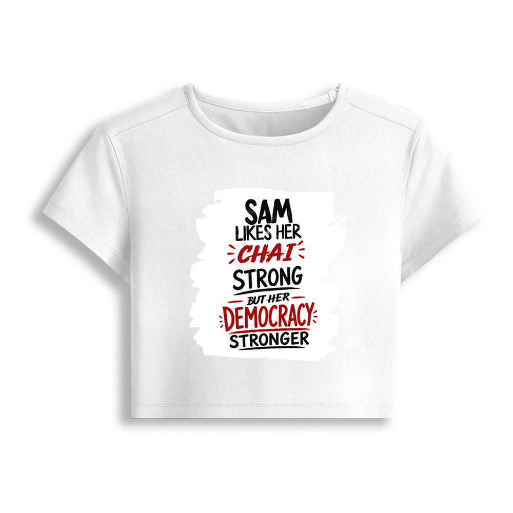 Female Baby Tee | Cropped Fit | Cotton Spandex Blend | Stretchy & Breathable | Women | Personalized | Typography | Democracy | Strength | Self-purchase | Assertive - front - White - mockup 1