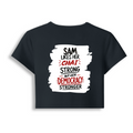 Female Baby Tee | Cropped Fit | Cotton Spandex Blend | Stretchy & Breathable | Women | Personalized | Typography | Democracy | Strength | Self-purchase | Assertive - back - Navy Blue - mockup 2