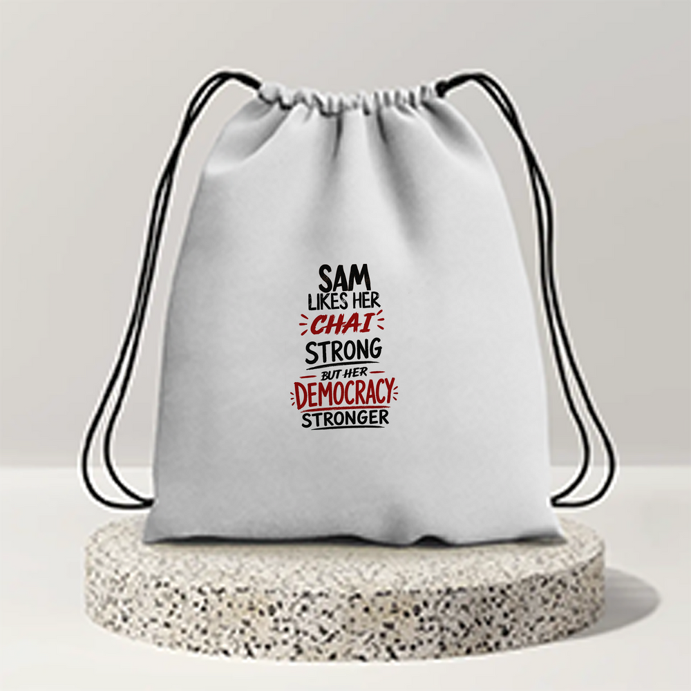 Drawstring Bag | 280 GSM | Durable Cotton | Secure Closure | Unisex | Personalized | Typography | Democracy | Strength | Self-purchase | Assertive - front - mockup 1