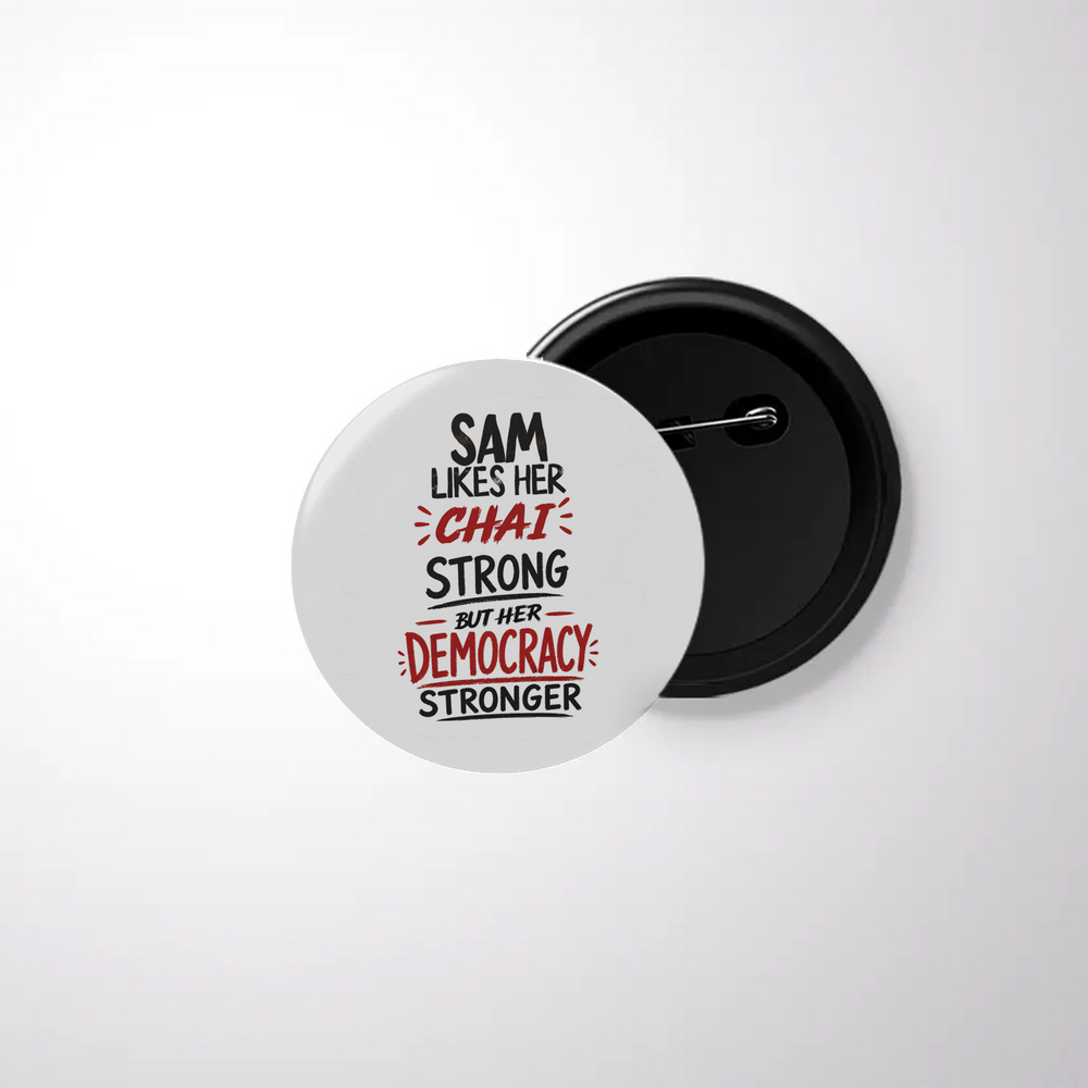 Pin Button Badge | Durable Metal | Glossy Finish | Unisex | Personalized | Typography | Democracy | Strength | Self-purchase | Assertive - front - White - mockup 1