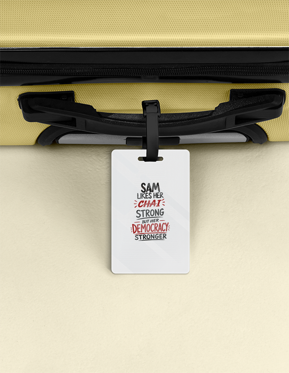 Luggage Tag | Travel Accessory | Acrylic | Durable, Double-Sided, Secure Strap | Unisex | Personalized | Typography | Democracy | Strength | Self-purchase | Assertive - front - White - mockup 1