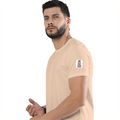 Male Classic Crew T-Shirt | Men's Regular Fit | 180 GSM Bio-Washed Cotton | Pre-Shrunk, Double-Stitched | Personalized | Typography | Democracy | Strength | Self-purchase | Assertive - left sleeve - Peach - mockup 5