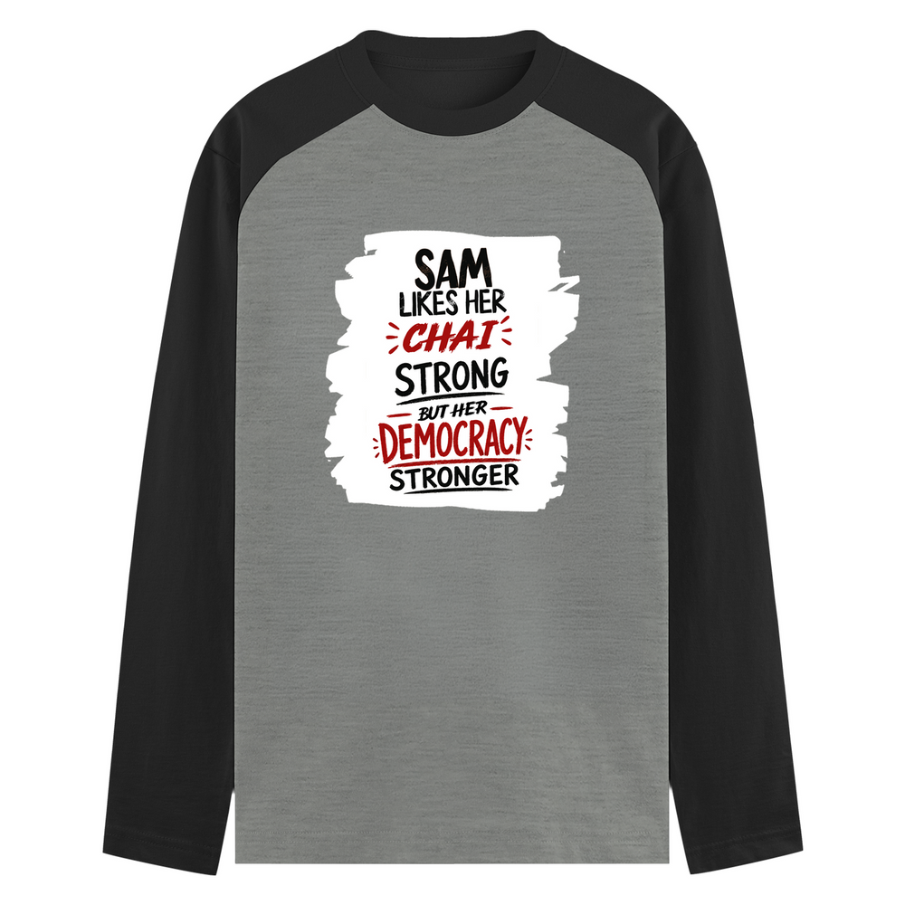 Male Raglan T-Shirt | Men's Regular Fit | 180 GSM Bio-Washed Fabric | Double Stitched, Ribbed Neck | Personalized | Typography | Democracy | Strength | Self-purchase | Assertive - front - mockup 1
