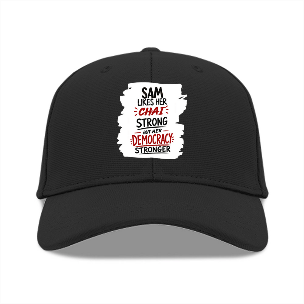 Baseball Ottoman Cap | Universal Fit | Ottoman Fabric | Adjustable Strap, Structured Design | Unisex Adult | Personalized | Typography | Democracy | Strength | Self-purchase | Assertive - front - Black - mockup 1