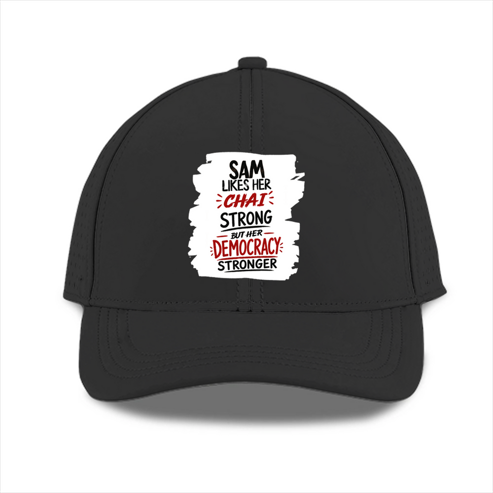 Sports Cap | Universal Fit | Lightweight Breathable Fabric | Perforated Airflow | Unisex Adult | Personalized | Typography | Democracy | Strength | Self-purchase | Assertive - front - Black - mockup 1