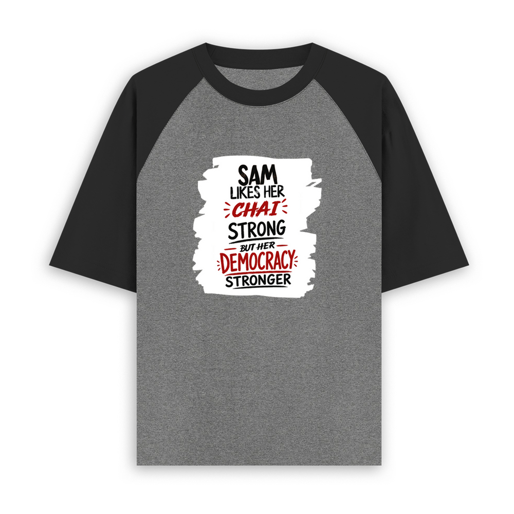 Unisex Oversized Raglan T-Shirt | Relaxed Fit | 180 GSM Bio-Washed Cotton | Two-Tone Style | Pre-Shrunk Comfort | Personalized | Typography | Democracy | Strength | Self-purchase | Assertive - front - mockup 1
