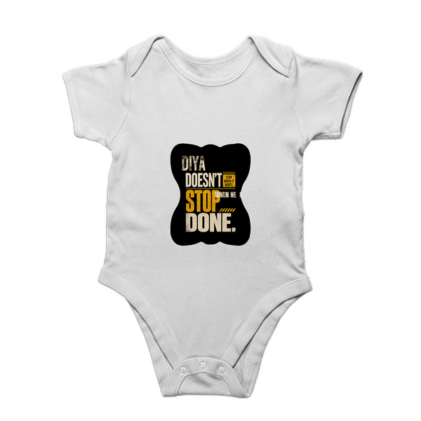 Baby Romper | 0-12 Months | 180 GSM Bio-Washed Cotton | Double-Stitched, Pre-Shrunk | Unisex | Personalized | Typography | Self-improvement | Perseverance | Everyday | Empowering | Strong Until The End - front - White - mockup 1