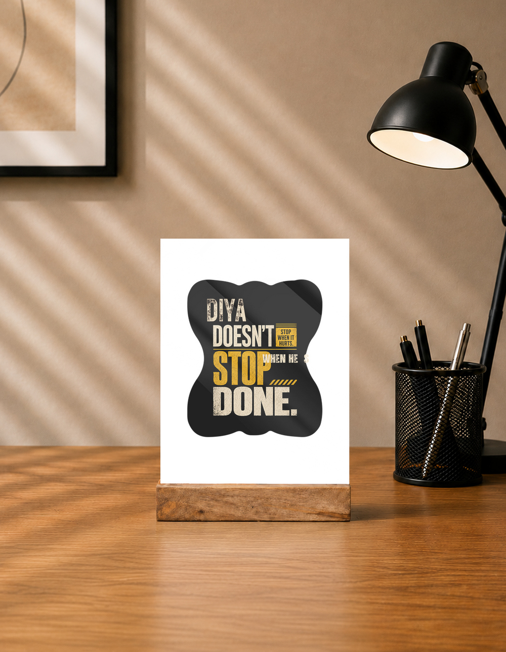 Acrylic Photo Frame with Stand | 5x7 Inch | Acrylic & Wood | UV Printed Tabletop Display | Universal | Personalized | Typography | Self-improvement | Perseverance | Everyday | Empowering | Strong Until The End - front - mockup 1