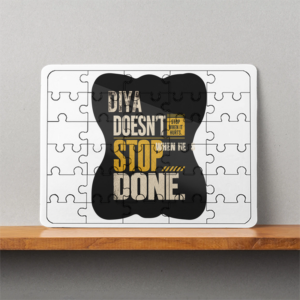 MDF Wooden Puzzle | 6x8 Inch 30 Pieces | Glossy Finish | Durable, Waterproof | Kids & Adults | Personalized | Typography | Self-improvement | Perseverance | Everyday | Empowering | Strong Until The End - front - White - mockup 1