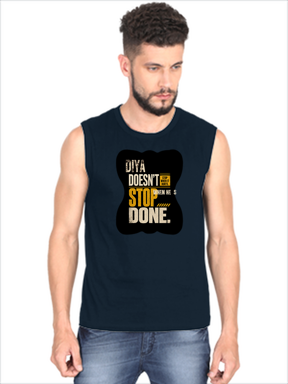 Male Sleeveless T-Shirt | Regular Fit Men | 180 GSM Bio-Washed Cotton Blend | Pre-Shrunk, Double-Stitched | Personalized | Typography | Self-improvement | Perseverance | Everyday | Empowering | Strong Until The End - front - Navy Blue - mockup 1