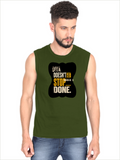 Male Sleeveless T-Shirt | Regular Fit Men | 180 GSM Bio-Washed Cotton Blend | Pre-Shrunk, Double-Stitched | Personalized | Typography | Self-improvement | Perseverance | Everyday | Empowering | Strong Until The End - front - Olive Green - mockup 1