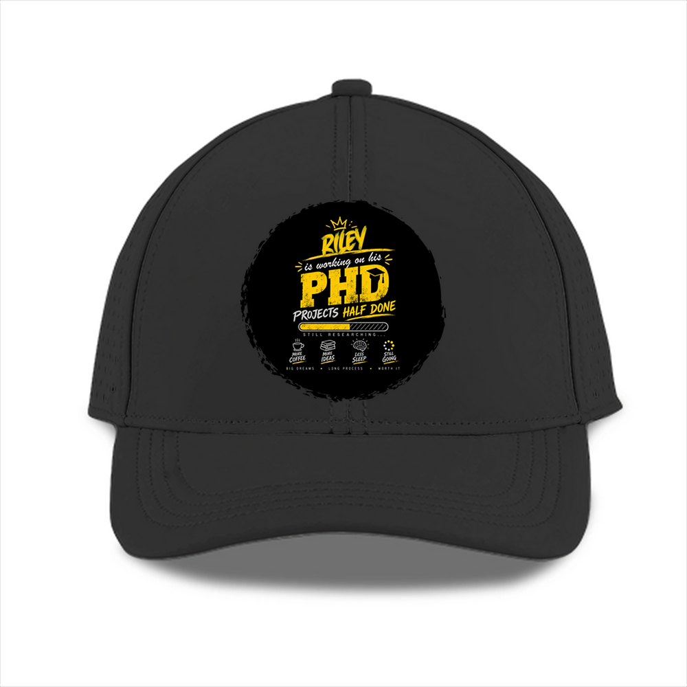Sports Cap | Universal Fit | Lightweight Breathable Fabric | Perforated Airflow | Unisex Adult | Personalized | Typography | Academia | Education | Graduation | Humorous - front - Black - mockup 1