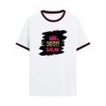 Ringer T-Shirt | Unisex Fit | 100% Cotton | Bio-Washed, Pre-Shrunk, Rib Neck | Adults | Personalized | Typography | Self-expression | Everyday | Empowering | Desi Swag Unfiltered - front - Maroon off white - mockup 1