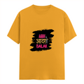 Female Classic Crew T-Shirt | Regular Fit | 180 GSM Bio-Washed Cotton Blend | Pre-Shrunk, Double-Stitched | Women | Personalized | Typography | Self-expression | Everyday | Empowering | Desi Swag Unfiltered - front - Golden Yellow - mockup 1