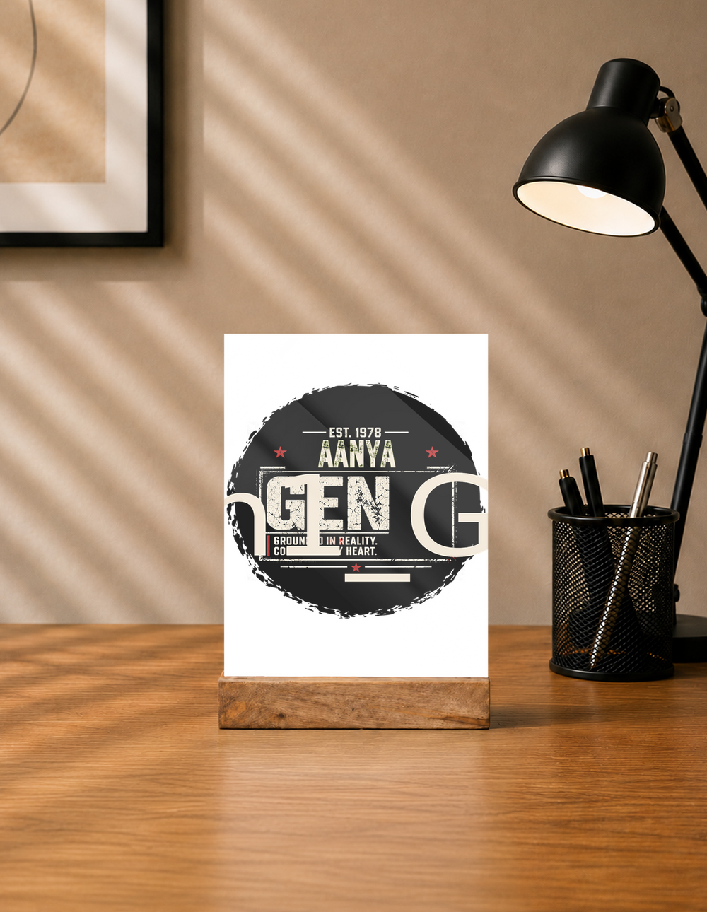 Acrylic Photo Frame with Stand | 5x7 Inch | Acrylic & Wood | UV Printed Tabletop Display | Universal | Personalized | Typography | Birth Year | Everyday | Confident - front - mockup 1