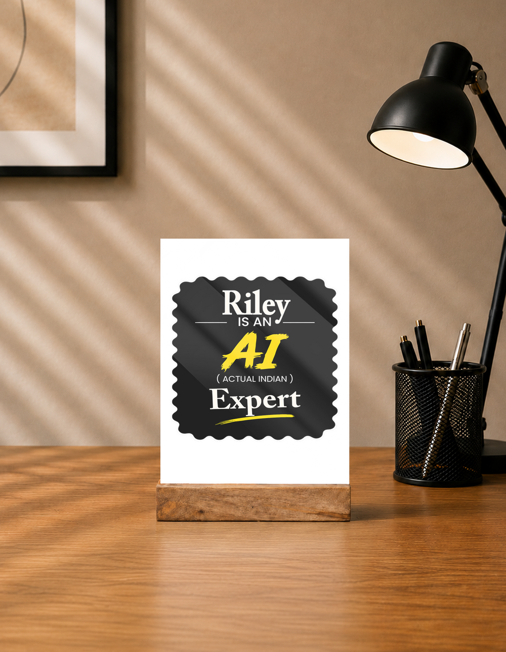 Acrylic Photo Frame with Stand | 5x7 Inch | Acrylic & Wood | UV Printed Tabletop Display | Universal | Personalized | Typography | Humor | Identity | Everyday | Humorous | Desi AI Expert - front - mockup 1