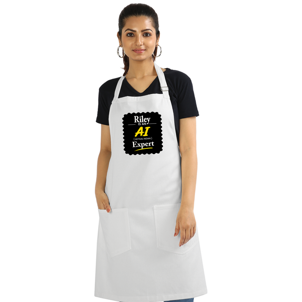 Apron | One Size Adjustable Fit | Cotton Drill Fabric | Two Pockets, Double-Stitched | Unisex Adults | Personalized | Typography | Humor | Identity | Everyday | Humorous | Desi AI Expert - front - White - mockup 1