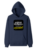 Pullover Hoodie | Unisex Regular Fit | Cotton Blend Tri-Layer | All-Season Comfort, Ribbed Cuffs | Adults | Personalized | Typography | Humor | Sarcasm | Everyday | Humorous | AI Can't Fix Stupidity - front - Navy Blue - mockup 1