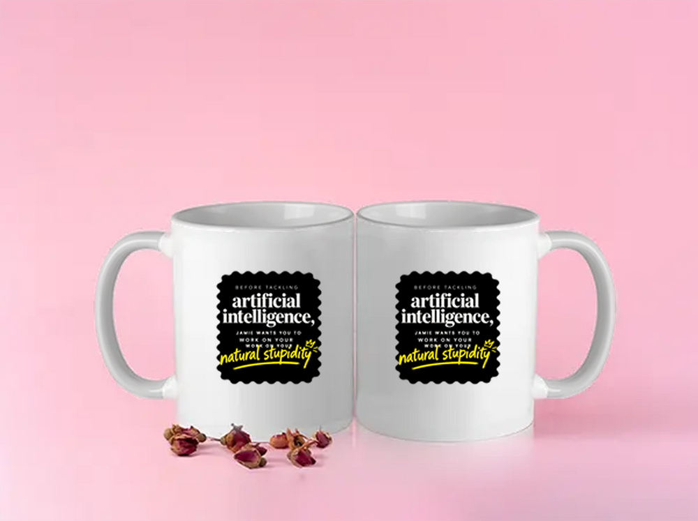 Color Coffee Mug | 11 oz | Premium Ceramic | Fade-Proof , Vibrant Inner | Unisex | Personalized | Typography | Humor | Sarcasm | Everyday | Humorous | AI Can't Fix Stupidity - front - White - mockup 1