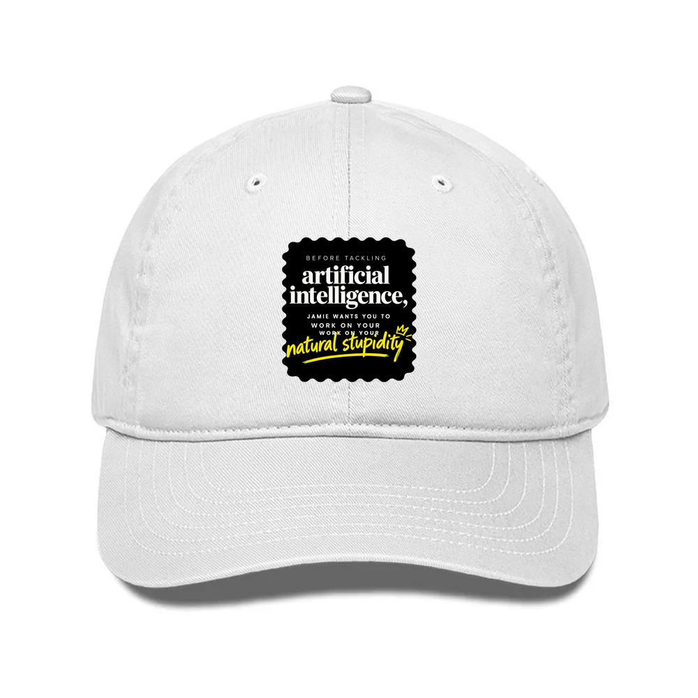 Classic Baseball Cap | Universal Fit | Drill Cotton | Breathable Sun Protection | Unisex | Personalized | Typography | Humor | Sarcasm | Everyday | Humorous | AI Can't Fix Stupidity - front - White - mockup 1
