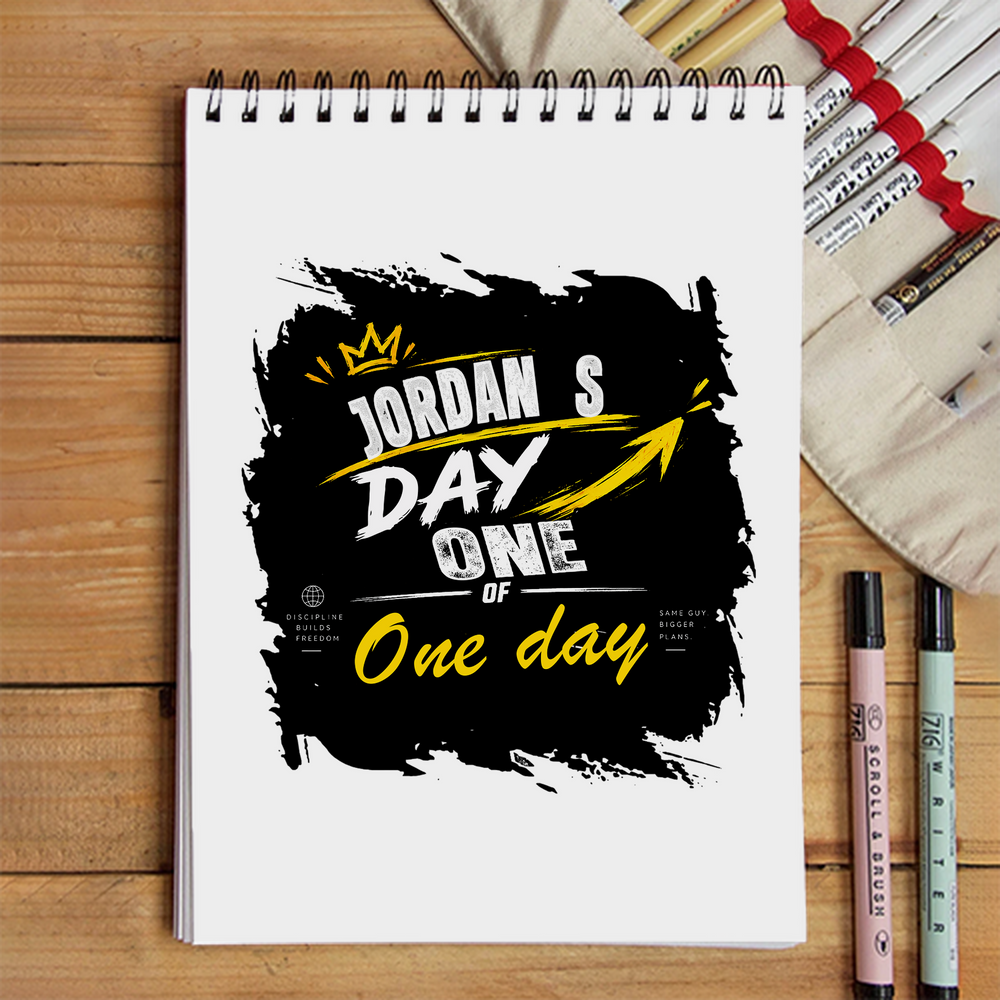 Sketchbook | A5 Size | 140 GSM Paper | Spiral Bound | Unisex | Personalized | Typography | Self-Improvement | Everyday | Inspirational | One Day Starts Today - front - White - mockup 1