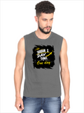 Male Sleeveless T-Shirt | Regular Fit Men | 180 GSM Bio-Washed Cotton Blend | Pre-Shrunk, Double-Stitched | Personalized | Typography | Self-Improvement | Everyday | Inspirational | One Day Starts Today - front - Charcoal Melange - mockup 1