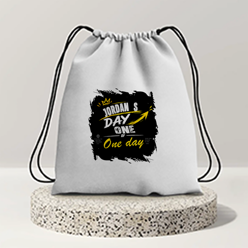 Drawstring Bag | 280 GSM | Durable Cotton | Secure Closure | Unisex | Personalized | Typography | Self-Improvement | Everyday | Inspirational | One Day Starts Today - front - mockup 1
