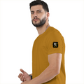 Male Classic Crew T-Shirt | Men's Regular Fit | 180 GSM Bio-Washed Cotton | Pre-Shrunk, Double-Stitched | Personalized | Typography | Self-Improvement | Everyday | Inspirational | One Day Starts Today - left sleeve - Mustard Yellow - mockup 5