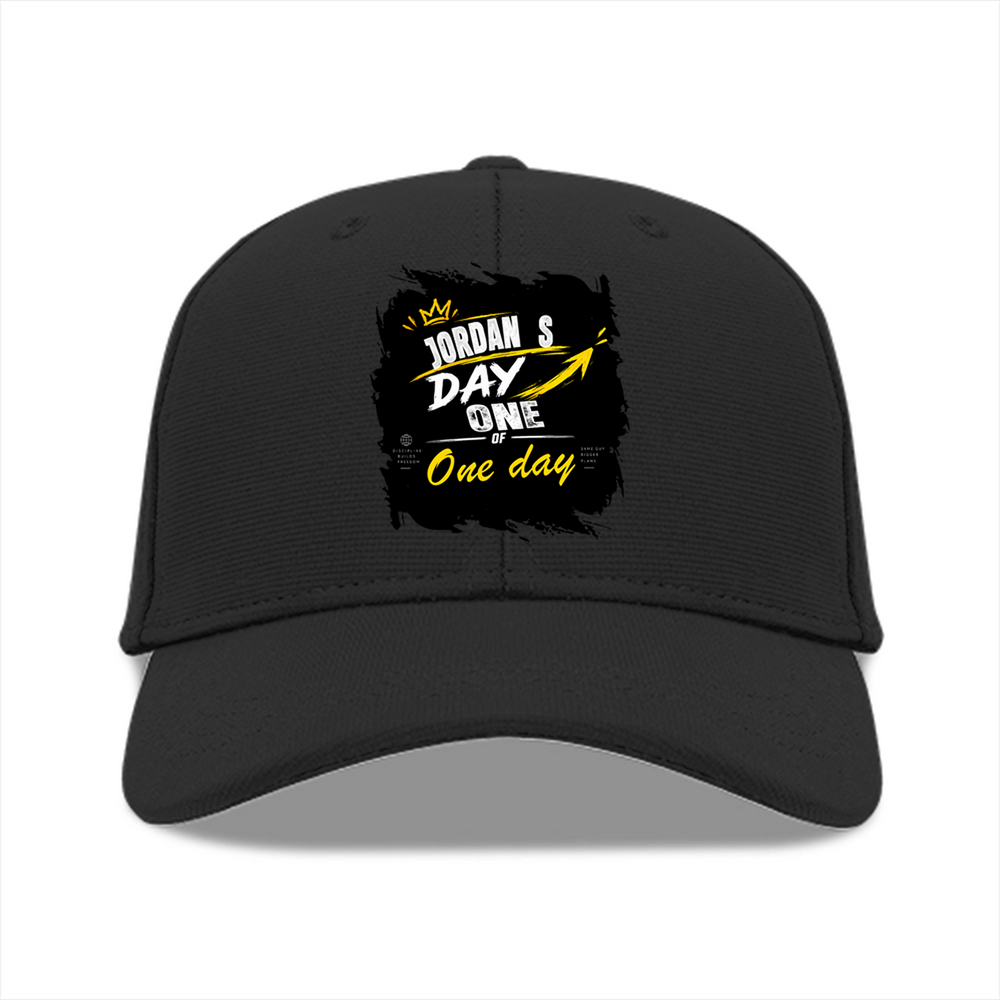 Baseball Ottoman Cap | Universal Fit | Ottoman Fabric | Adjustable Strap, Structured Design | Unisex Adult | Personalized | Typography | Self-Improvement | Everyday | Inspirational | One Day Starts Today - front - Black - mockup 1