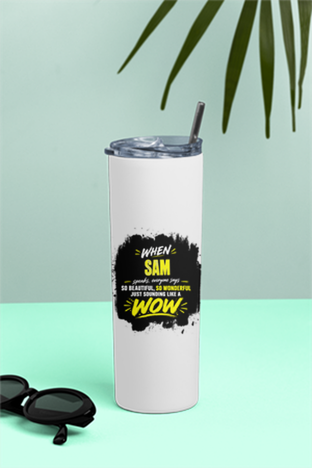 Tumbler Bottle | 20oz Capacity | Stainless Steel | Double-Wall Insulated, Splash-Proof Lid, Metal Straw | Everyday Use | Personalized | Typography | Compliments | Positive Affirmations | Everyday | Joyful | Certified Wow Factor - front - White - mockup 1