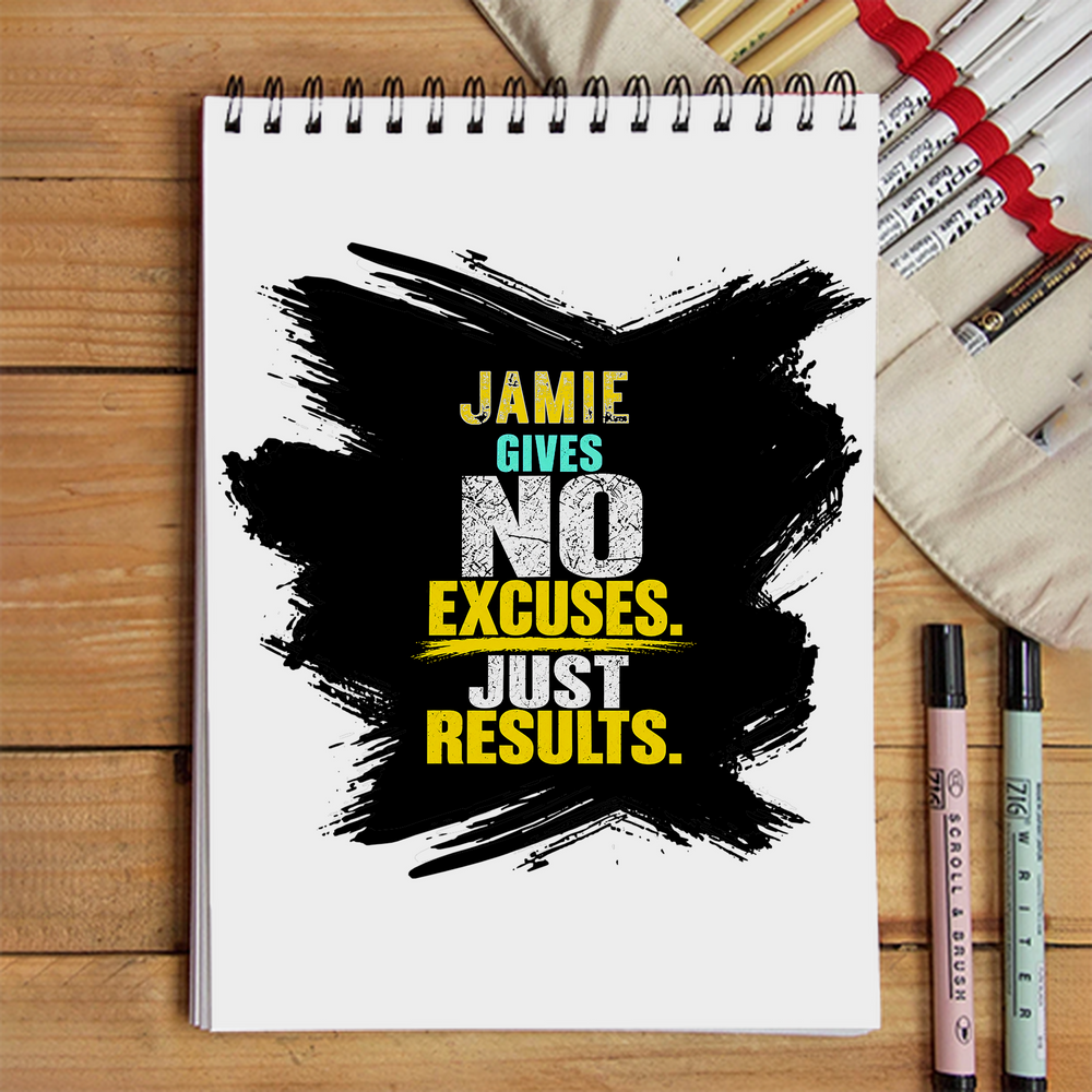 Sketchbook | A5 Size | 140 GSM Paper | Spiral Bound | Unisex | Personalized | Typography | Overcoming Obstacles | Everyday | Empowering | No Excuses, Just Results - front - White - mockup 1
