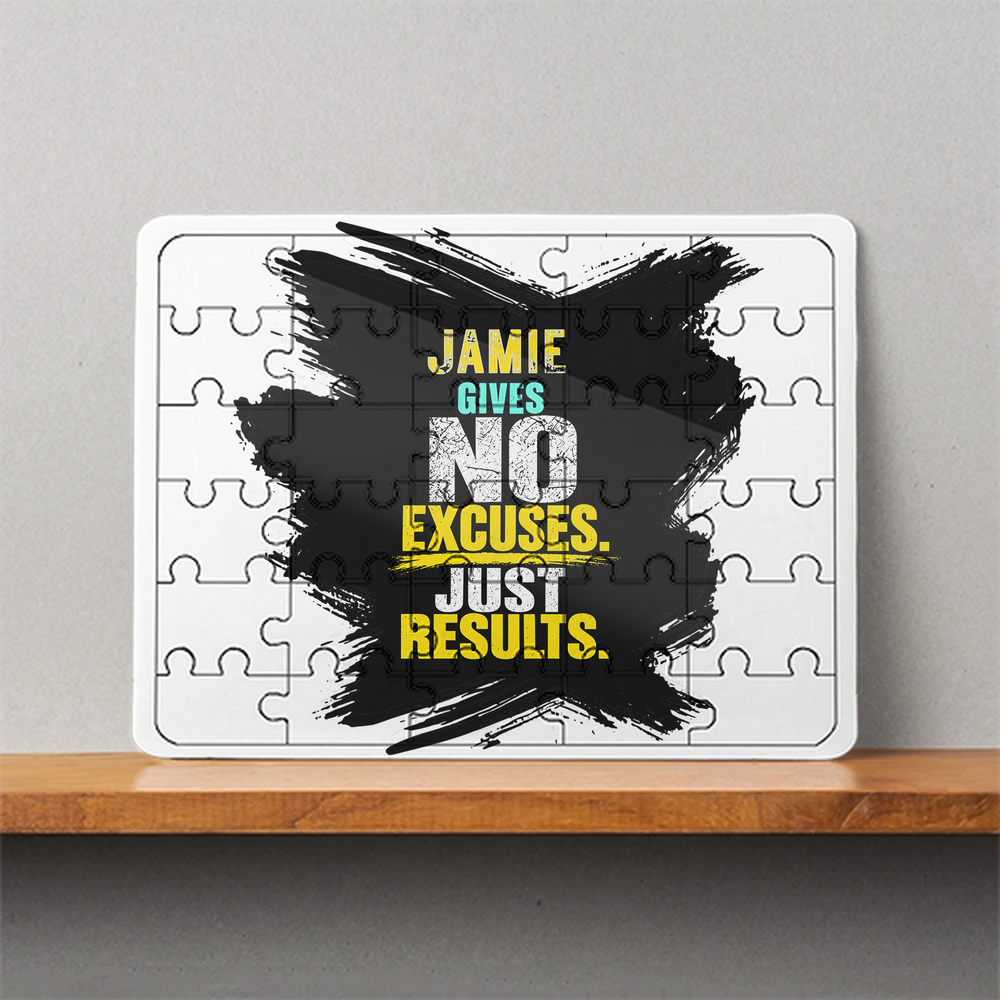 MDF Wooden Puzzle | 6x8 Inch 30 Pieces | Glossy Finish | Durable, Waterproof | Kids & Adults | Personalized | Typography | Overcoming Obstacles | Everyday | Empowering | No Excuses, Just Results - front - White - mockup 1