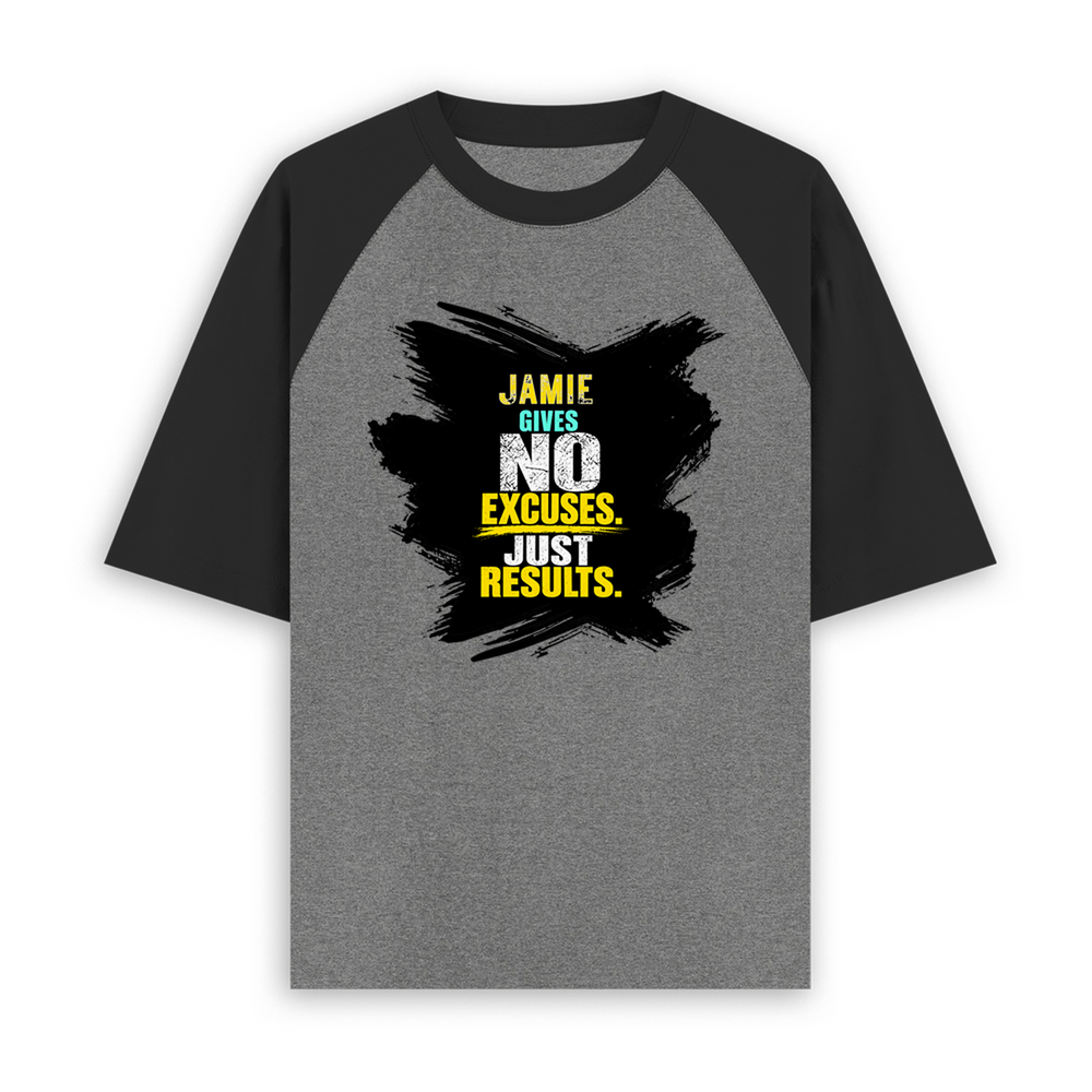 Unisex Oversized Raglan T-Shirt | Relaxed Fit | 180 GSM Bio-Washed Cotton | Two-Tone Style | Pre-Shrunk Comfort | Personalized | Typography | Overcoming Obstacles | Everyday | Empowering | No Excuses, Just Results - front - mockup 1