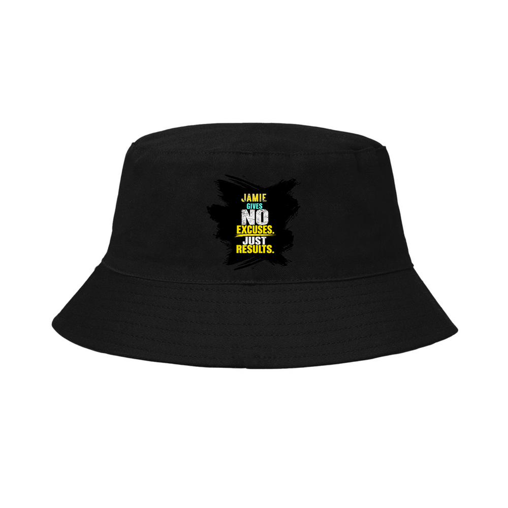 Classic Bucket Hat | Unisex Adults | Heavy Cotton | Wide Brim Sun Protection | Comfortable Fit | Personalized | Typography | Overcoming Obstacles | Everyday | Empowering | No Excuses, Just Results - front - Black - mockup 1