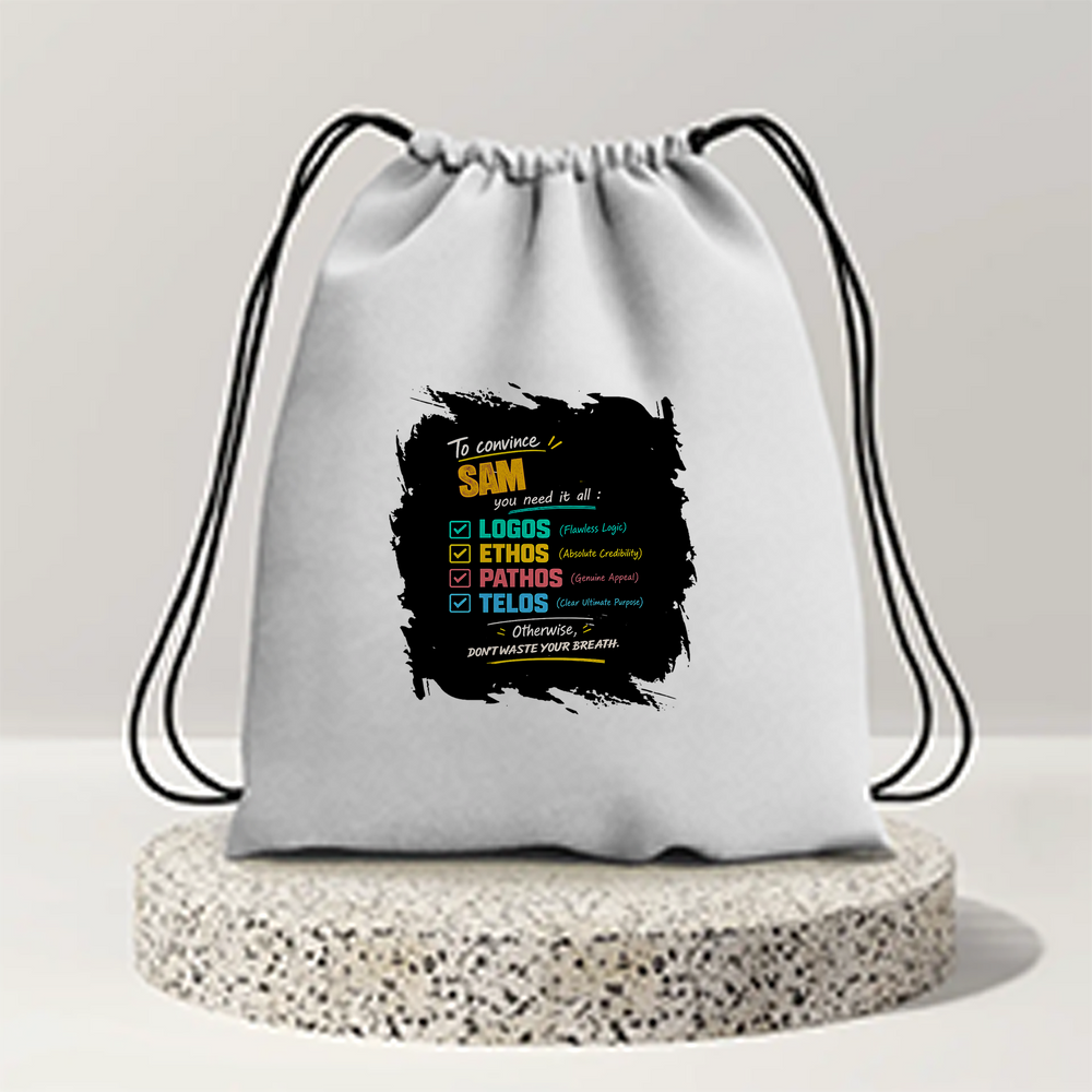 Drawstring Bag | 280 GSM | Durable Cotton | Secure Closure | Unisex | Personalized | Typography | Rhetoric | Persuasion | Confident | The Persuasion Formula - front - mockup 1