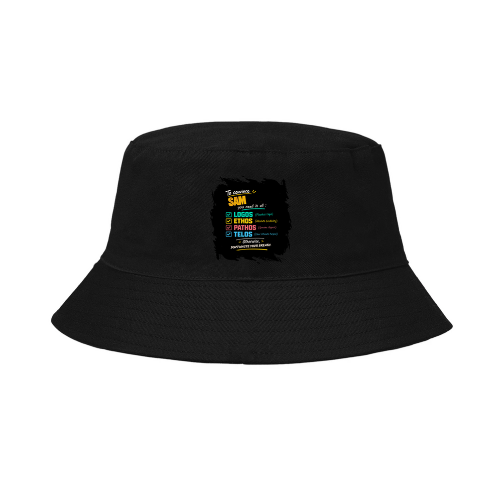 Classic Bucket Hat | Unisex Adults | Heavy Cotton | Wide Brim Sun Protection | Comfortable Fit | Personalized | Typography | Rhetoric | Persuasion | Confident | The Persuasion Formula - front - Black - mockup 1