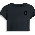Female Baby Tee | Cropped Fit | Cotton Spandex Blend | Stretchy & Breathable | Women | Personalized | Typography | Rhetoric | Persuasion | Confident | The Persuasion Formula - left pocket - Navy Blue - mockup 3